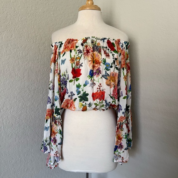 VICI Floral Off the Shoulder Bell Sleeve Blouse Size M Boho Festival Bloomcore - Picture 7 of 14